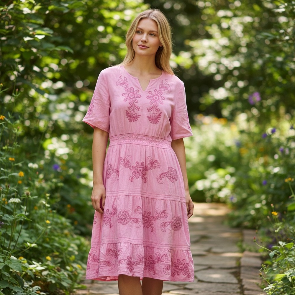 Appleseed's Petites Pink Floral Embroidered Lightweight stretch waist Dress L